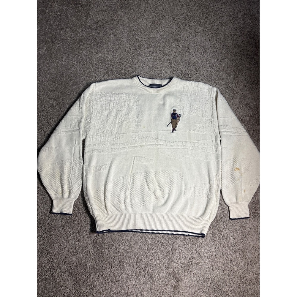 Vintage Express Tricot Mens Golf Embroidered Textured Knit Sweater Cream XL‎